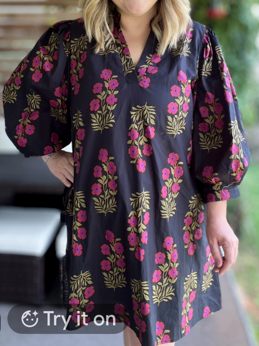 Entro Floral Cotton Shift Dress Black Pink Green Block Print Balloon Sleeve M